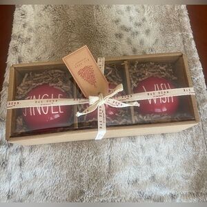 3 Rae Dunn by Magenta CHRISTMAS ORNAMENTS RED BALLS “Jingle, Santa, Wish".  NWT